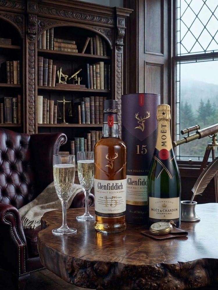 Glenfiddich 15 whisky and Moët and Chandon champagne with two glasses on a wooden table
