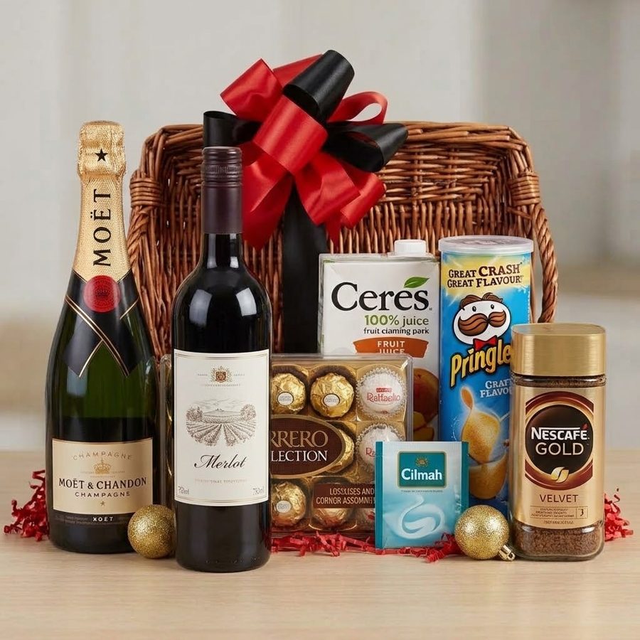 Wicker basket hamper with champagne, merlot, chocolates, crisps and instant coffee