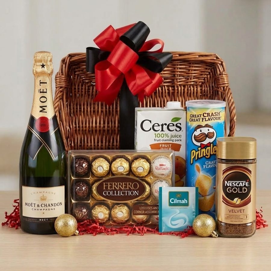 Wicker basket hamper with champagne, chocolates, juice, crisps and coffee