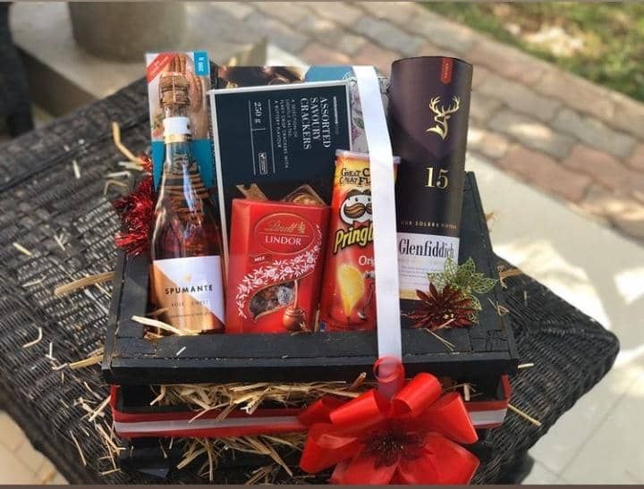 Luxury crate hamper with whisky and sparkling wine