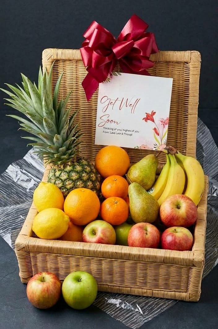 Wicker basket of fresh fruit wrapped in cellophane with a burgundy bow and a get well card