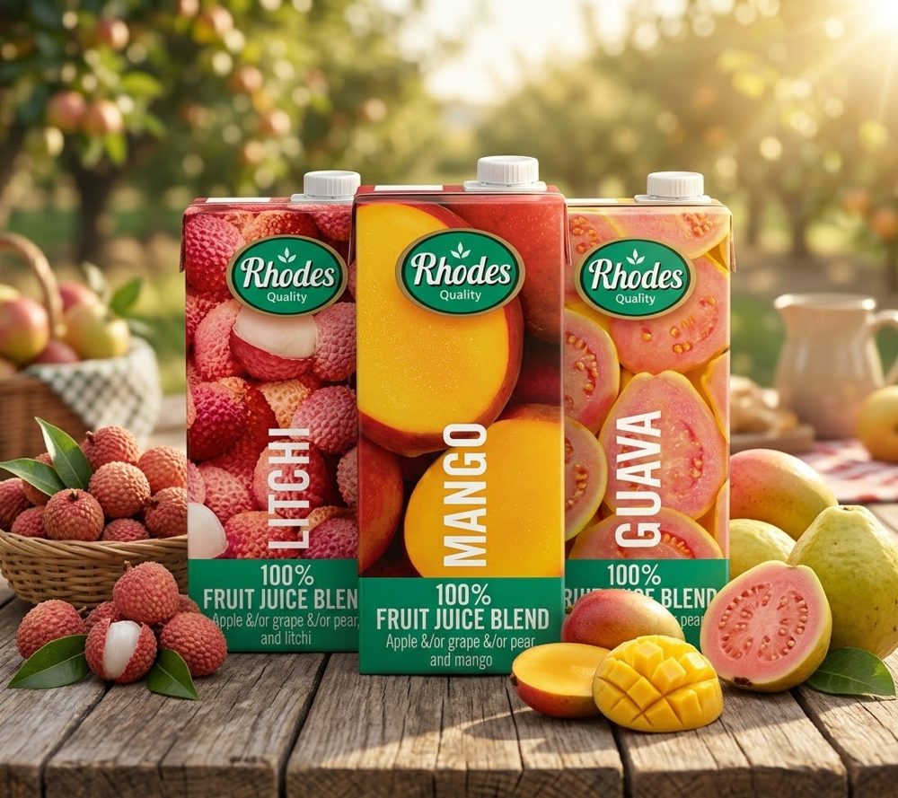 Fruit juice cartons in litchi, mango and guava with fresh fruit