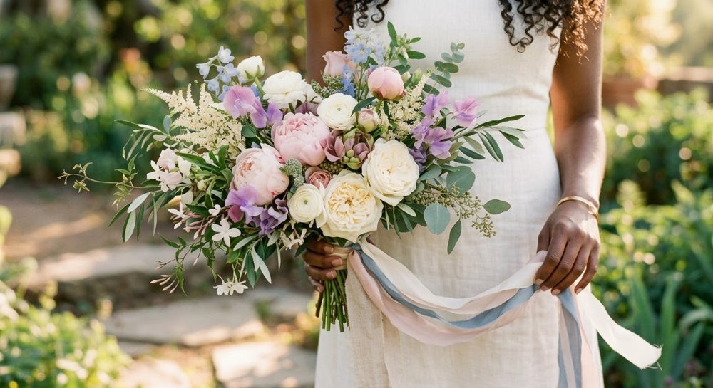Graduation bouquet of peonies, roses, sweet peas and eucalyptus tied with soft ribbons