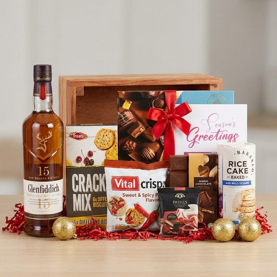 Wooden crate hamper with single malt whisky, crackers, chocolates, crisps and a Season's Greetings card