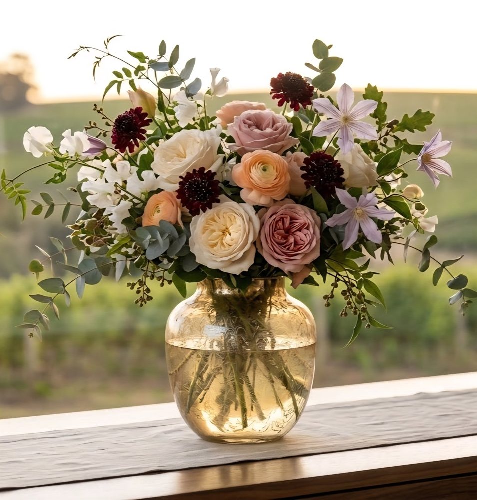 Vase arrangement of roses, ranunculus, scabious and clematis with eucalyptus