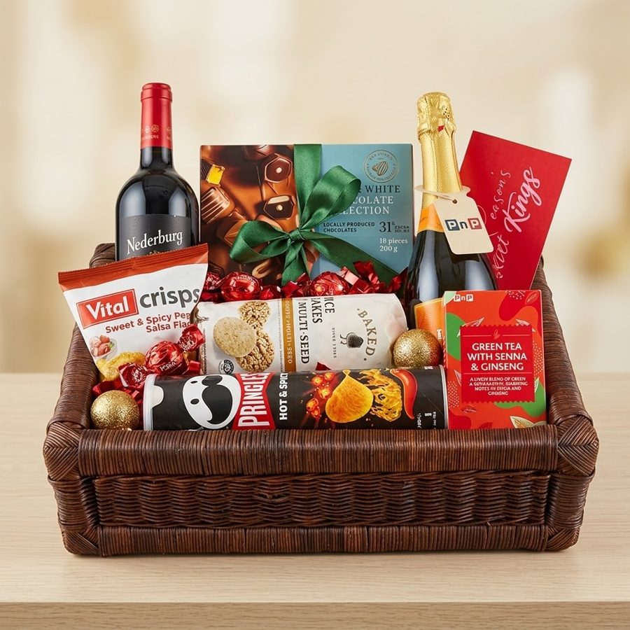 Wicker tray hamper with wine, chocolates and snacks