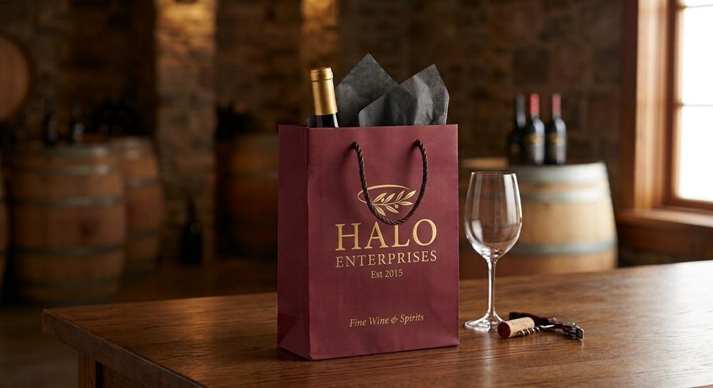 Burgundy wine gift bag with gold lettering, rope handles and a wine bottle in tissue paper
