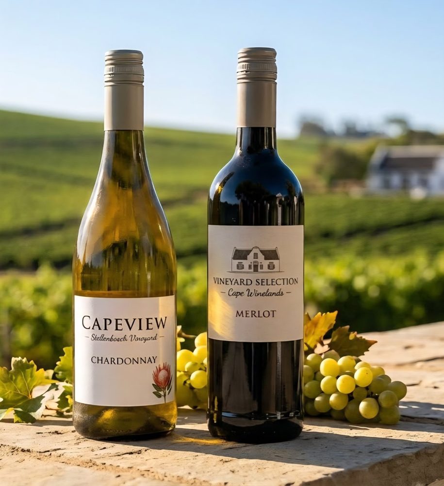 Capeview Chardonnay and Vineyard Selection Merlot wine bottles with grapes